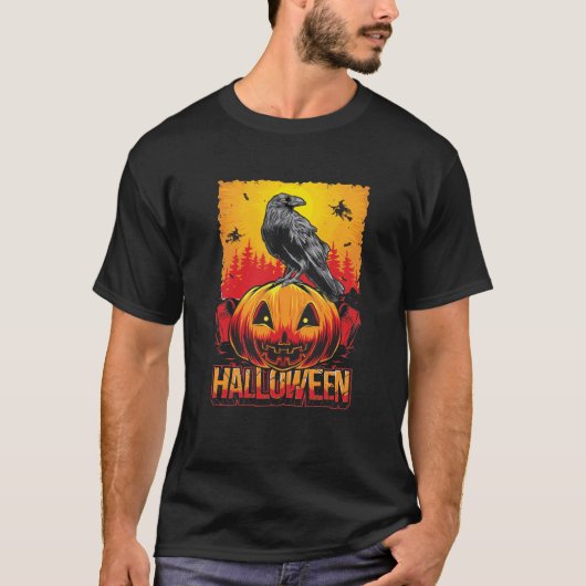 カラスと不気味なハロウィーンのカボチャの頭 Tシャツ (正面)