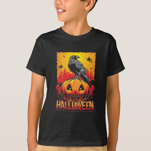 カラスと不気味なハロウィーンのカボチャの頭 Tシャツ (正面)