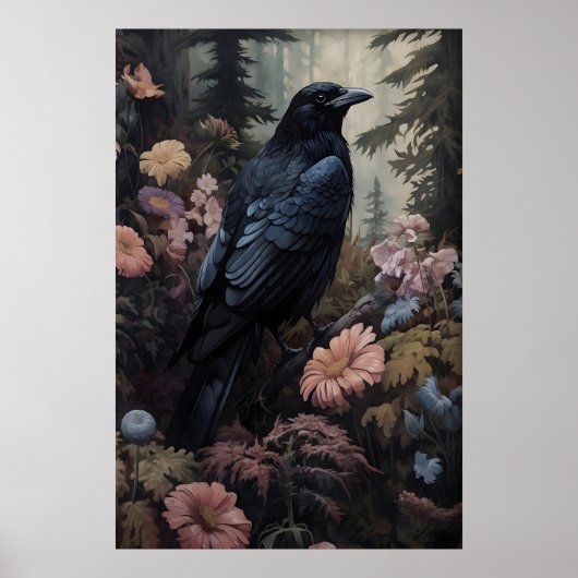 カラスと花のビンテージポスター、ダークアカデミア ポスター (正面)