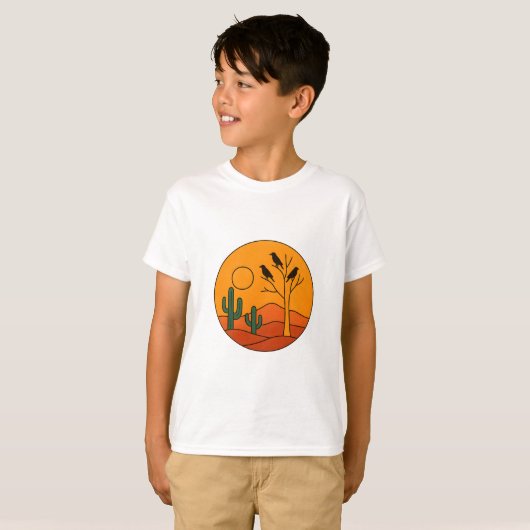 カラスのいる砂漠の夕焼け - 太字のグラフィックワイルド Tシャツ (正面フル)