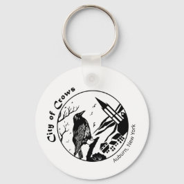 カラスの街の白黒グラフィック キーホルダー