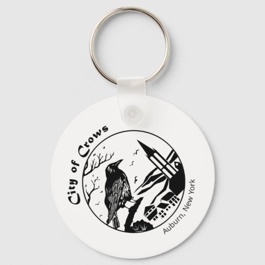 カラスの街の白黒グラフィック キーホルダー (正面)