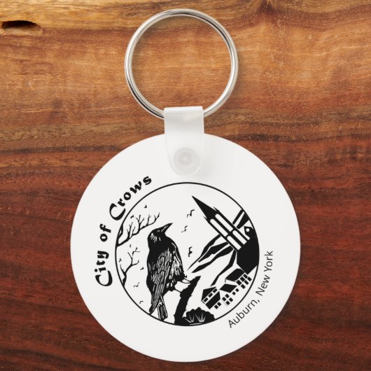 カラスの街の白黒グラフィック キーホルダー (正面)