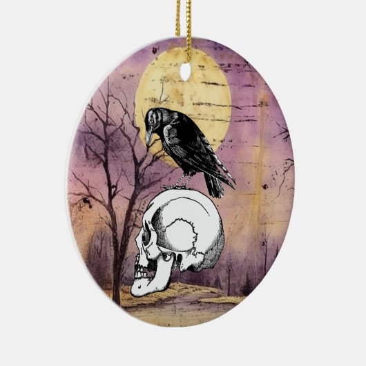 カラスまたはカラスとスカルハロウィーン紫の月 セラミックオーナメント (右)