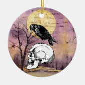 カラスまたはカラスとスカルハロウィーン紫の月 セラミックオーナメント (正面)