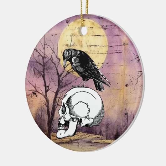 カラスまたはカラスとスカルハロウィーン紫の月 セラミックオーナメント (左)