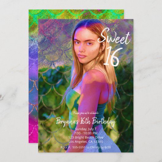 カラスプラッシュマーメイドフォトスウィート16パーティー 招待状 (正面/裏面)