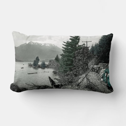 カラスプラッシュヴィンテージマウンテンレイク自然車写真 ランバークッション (正面)