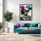 カラスプラッシュ付きモノクロ女性ポートレート ポスター