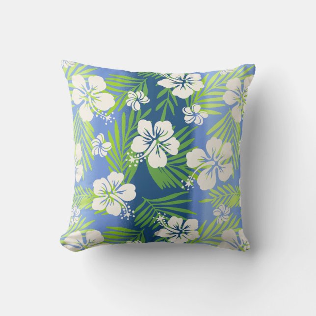 カラニ絞り染めトロピカルハイビスカスリバーシブル-青 アウトドアクッション (正面)