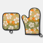 カラニ絞り染めブレンドトロピカルハイビスカスカーキ 鍋つかみ&鍋敷きセット (正面)