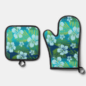 カラニ絞り染めブレンドトロピカルハイビスカスティール（緑がかった色） 鍋つかみ&鍋敷きセット (正面)