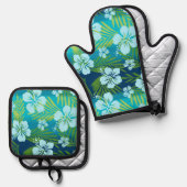 カラニ絞り染めブレンドトロピカルハイビスカスティール（緑がかった色） 鍋つかみ&鍋敷きセット (正面/裏面)