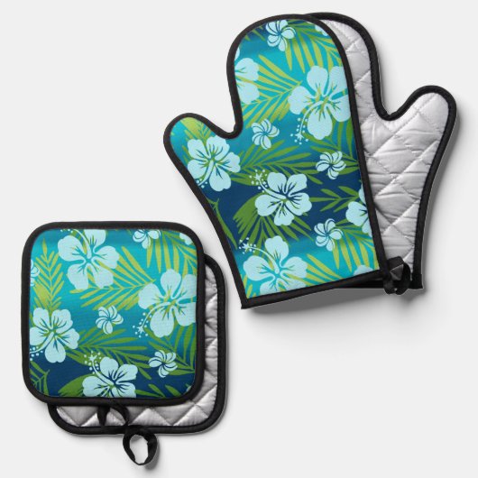 カラニ絞り染めブレンドトロピカルハイビスカスティール（緑がかった色） 鍋つかみ&鍋敷きセット (正面/裏面)