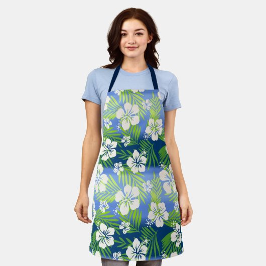 カラニ絞り染めブレンドトロピカルハイビスカスブルー エプロン (着用した状態)