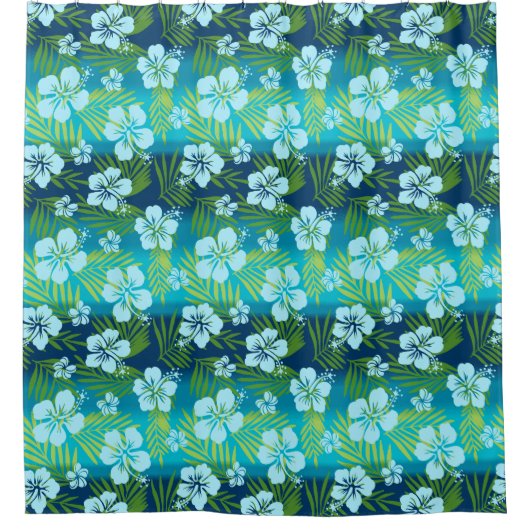 カラニ絞り染めブレンドトロピカルハイビスカス – ティール（緑がかった色） シャワーカーテン (正面)