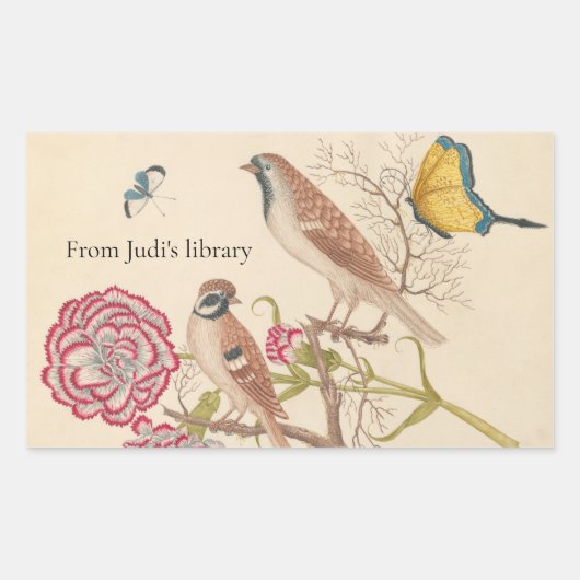 カラネシと蝶の茶色の鳥 長方形シール (正面)