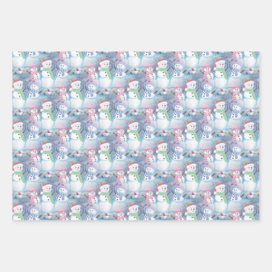 カラフルおもしろいおもしろい休日雪だるまパターン ラッピングペーパーシート (正面3)