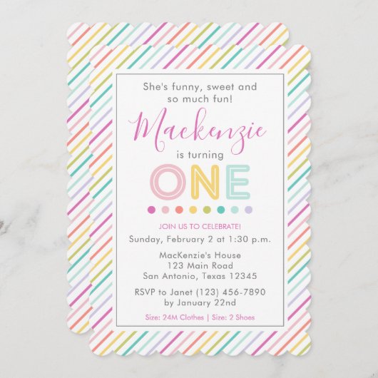 カラフルおもしろいストライプ第1の誕生日 招待状 (正面/裏面)
