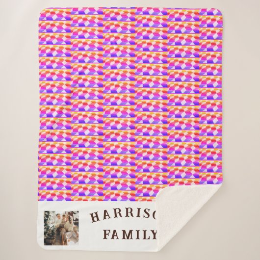 カラフルおもしろいパターン家族の写真と名前 シェルパブランケット (正面)