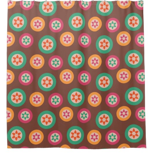 カラフルおもしろい円と花パターン（の模様が）ある シャワーカーテン (正面)