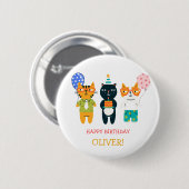 カラフルおもしろい可愛い猫子猫3歳の誕生日パーティー 缶バッジ (正面&裏面)
