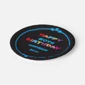 カラフルおもしろい名前をカスタムする年日付ハッピーバースデー ペーパープレート (アングル)