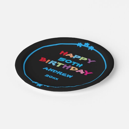 カラフルおもしろい名前をカスタムする年日付ハッピーバースデー ペーパープレート (アングル)