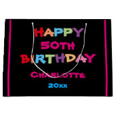 カラフルおもしろい名前をカスタムする年日付ハッピーバースデー ラージペーパーバッグ (正面)