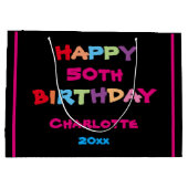 カラフルおもしろい名前をカスタムする年日付ハッピーバースデー ラージペーパーバッグ (裏面)