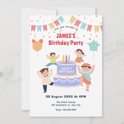 カラフルおもしろい子供の誕生日パーティー 招待状 (正面)