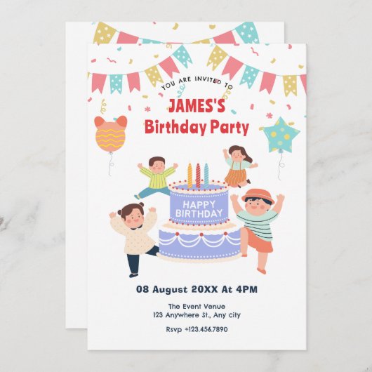 カラフルおもしろい子供の誕生日パーティー 招待状 (正面/裏面)