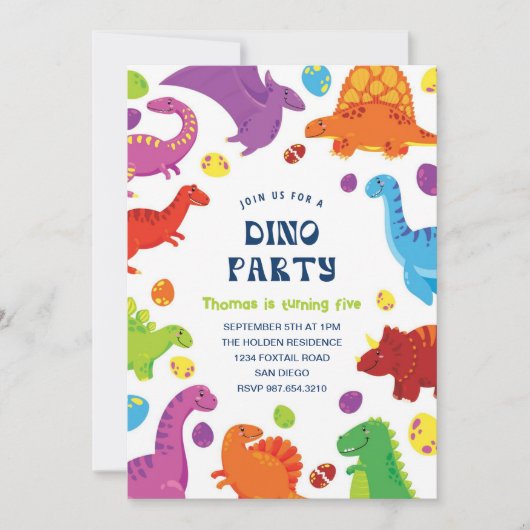 カラフルおもしろい恐竜誕生日キッズボーイパーティー 招待状 (正面)