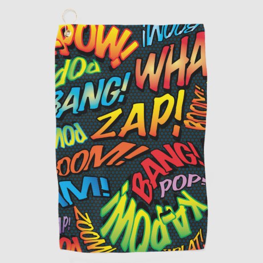 カラフルおもしろい漫画ブックアポップ・アートのートサウンド ゴルフタオル (正面)