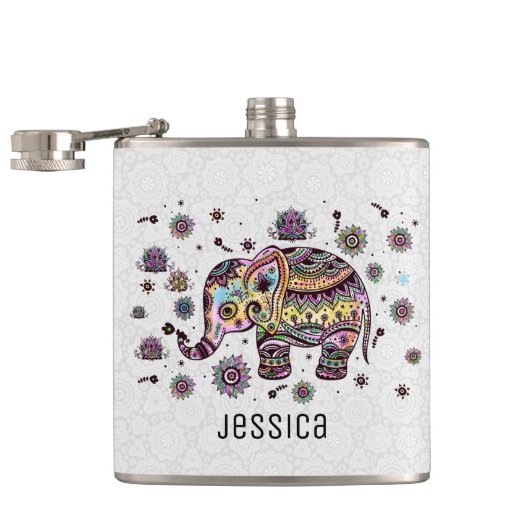 カラフルかわいいフローラゾウイラストレーション フラスク (オープン)