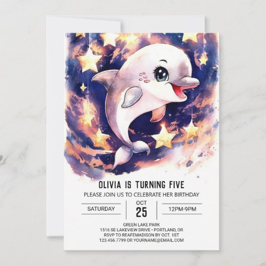 カラフルかわいい子どもイルカ誕生日 招待状 (正面)
