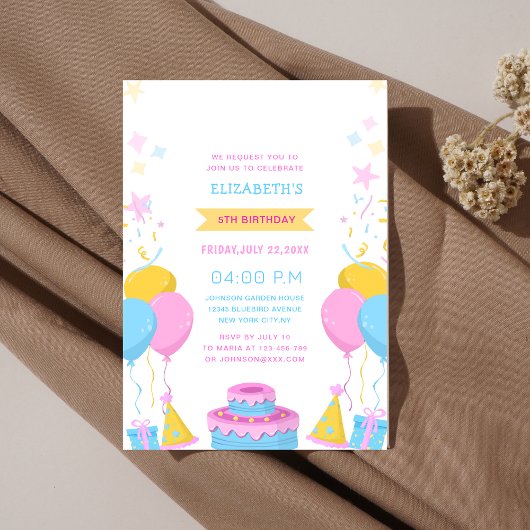 カラフルかわいい子の誕生日 招待状