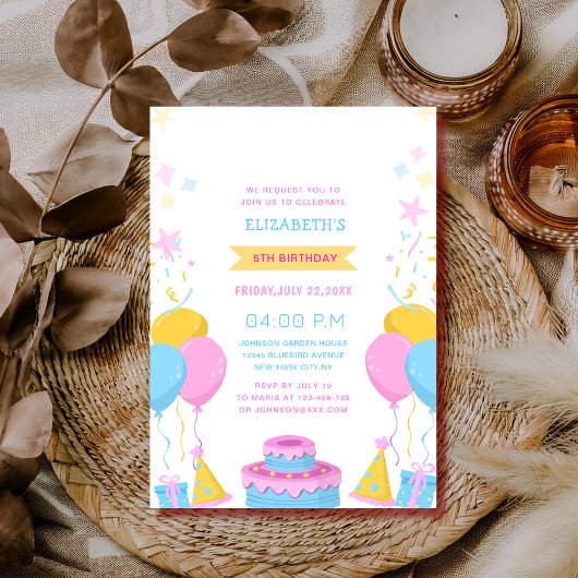 カラフルかわいい子の誕生日 招待状