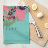 カラフルかわいらしフローラレッズ開花+名前をカスタムする キッチンタオル (四つ折り)
