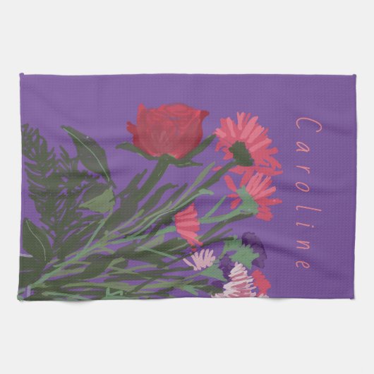 カラフルかわいらし春の花+名前をカスタムする キッチンタオル (横)