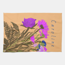カラフルかわいらし春の花+名前をカスタムする キッチンタオル