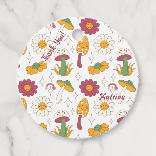 カラフルきのこ、虹、デイジー模様 フェイバータグ (正面)