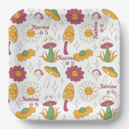 カラフルきのこ、虹、デイジー模様 ペーパープレート