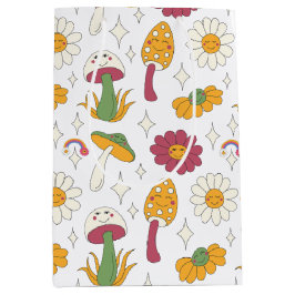 カラフルきのこ、虹、デイジー模様 ミディアムペーパーバッグ