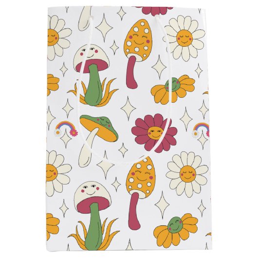 カラフルきのこ、虹、デイジー模様 ミディアムペーパーバッグ (正面)
