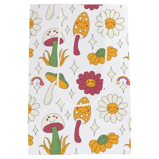 カラフルきのこ、虹、デイジー模様 ミディアムペーパーバッグ (裏面)