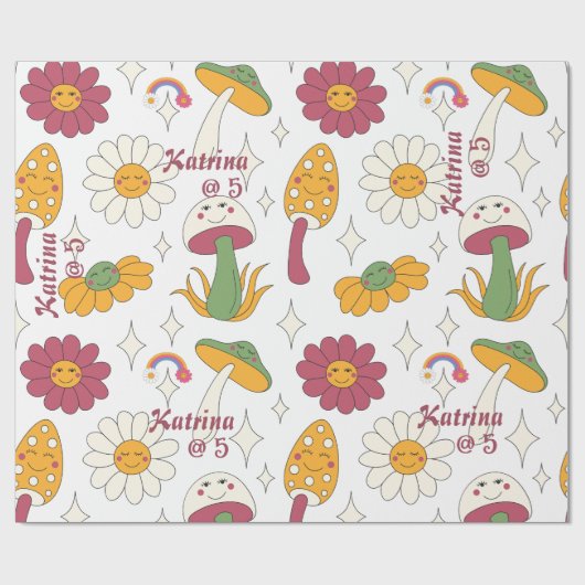 カラフルきのこ、虹、デイジー模様 ラッピングペーパー (フラット)