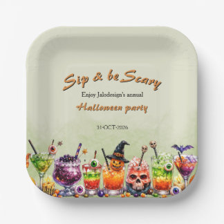 カラフルでおかしい怖いカクテルを飲んでハロウィンパーティー ペーパープレート