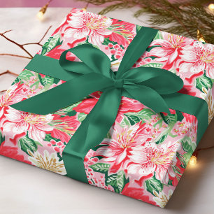 カラフルでおしゃれな冬の花柄クリスマスパターン ラッピングペーパー