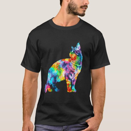 カラフルでおしゃれな猫のタイダイ柄 Tシャツ (正面)